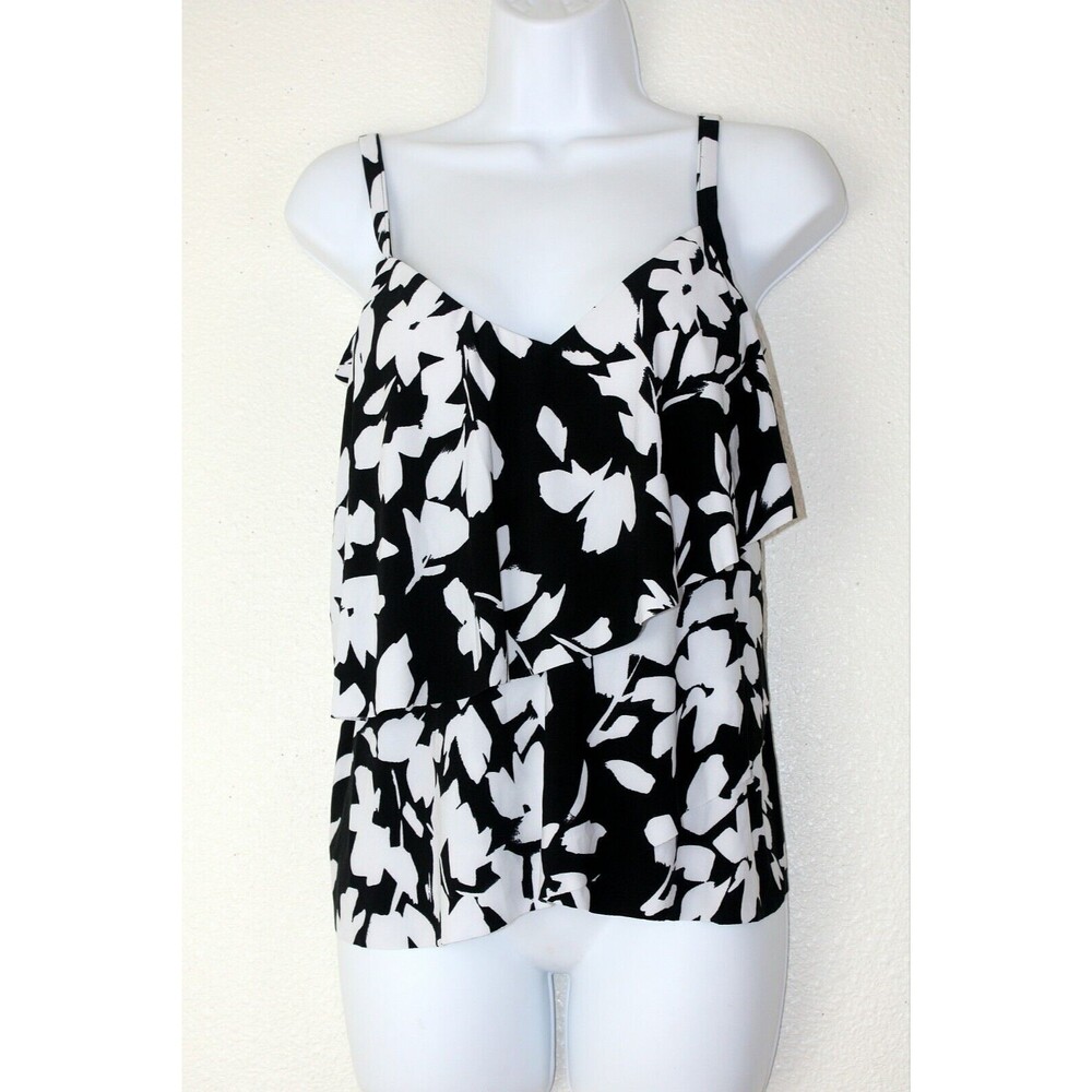 AQUA GREEN Tankini Swimsuit Top Sz. M Black White Abstract Floral Flounce #02
